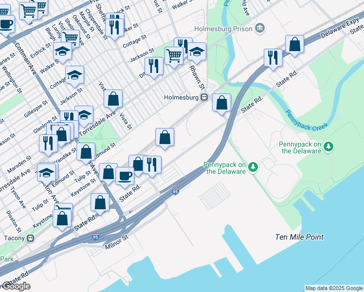 map of restaurants, bars, coffee shops, grocery stores, and more near 7600 State Road in Philadelphia