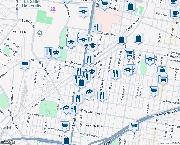 map of restaurants, bars, coffee shops, grocery stores, and more near 1306 West Ruscomb Street in Philadelphia