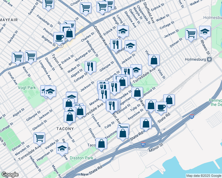 map of restaurants, bars, coffee shops, grocery stores, and more near 7136 Marsden Street in Philadelphia