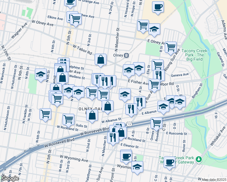 map of restaurants, bars, coffee shops, grocery stores, and more near 5205 North Mascher Street in Philadelphia