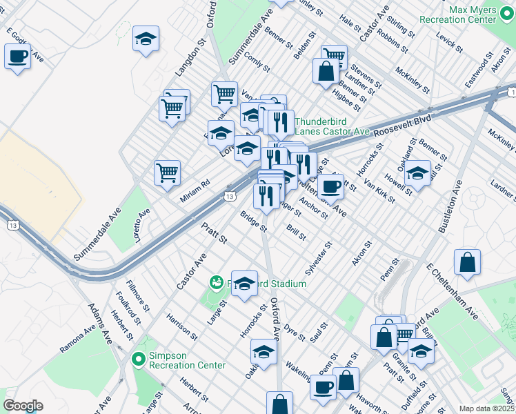 map of restaurants, bars, coffee shops, grocery stores, and more near 5304 Oxford Avenue in Philadelphia