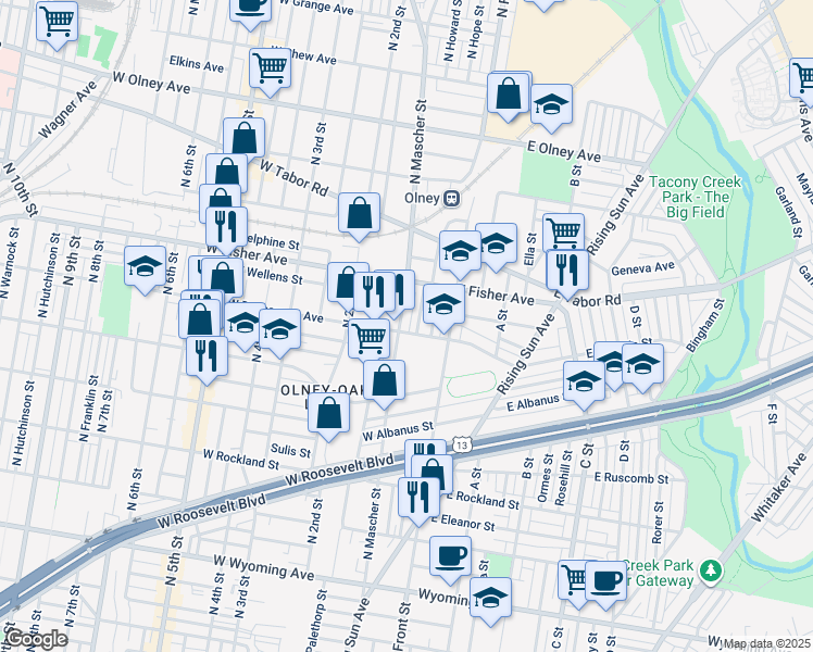 map of restaurants, bars, coffee shops, grocery stores, and more near 5205 North Mascher Street in Philadelphia