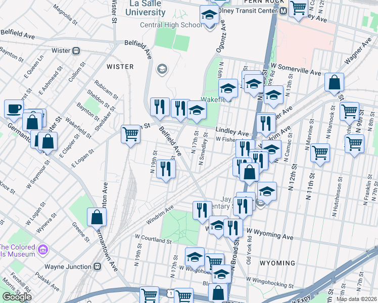 map of restaurants, bars, coffee shops, grocery stores, and more near 4933 North 17th Street in Philadelphia