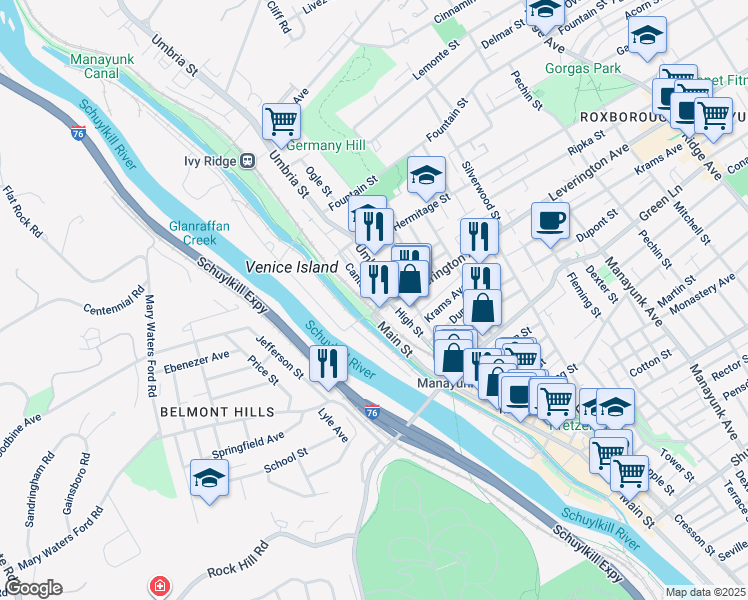 map of restaurants, bars, coffee shops, grocery stores, and more near 59 Leverington Avenue in Philadelphia