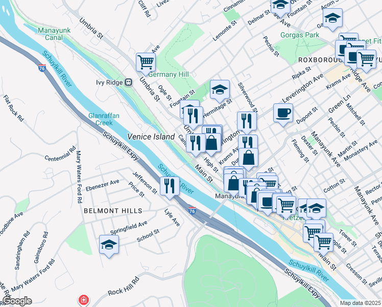 map of restaurants, bars, coffee shops, grocery stores, and more near 59R Leverington Avenue in Philadelphia