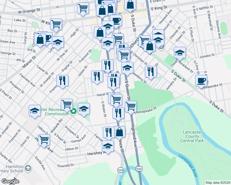 map of restaurants, bars, coffee shops, grocery stores, and more near 510 South Prince Street in Lancaster