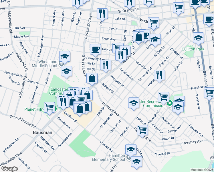 map of restaurants, bars, coffee shops, grocery stores, and more near 47 South Pearl Street in Lancaster