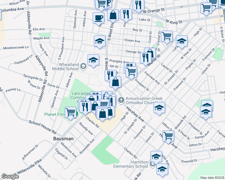 map of restaurants, bars, coffee shops, grocery stores, and more near 1110 Millersville Pike in Lancaster