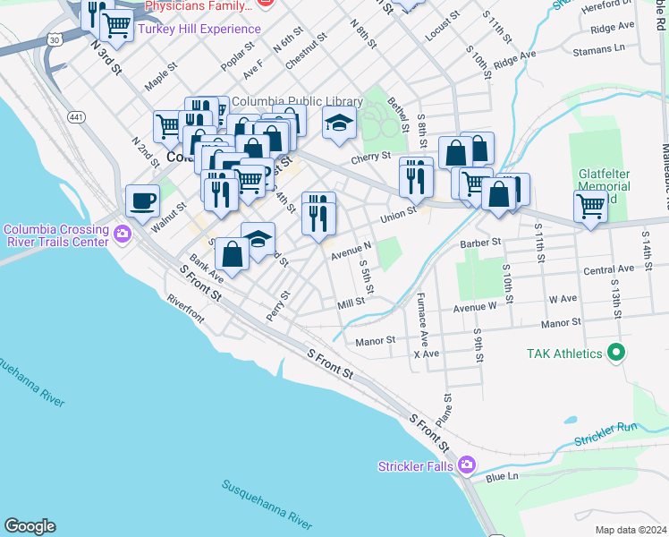 map of restaurants, bars, coffee shops, grocery stores, and more near 337 South 3rd Street in Columbia