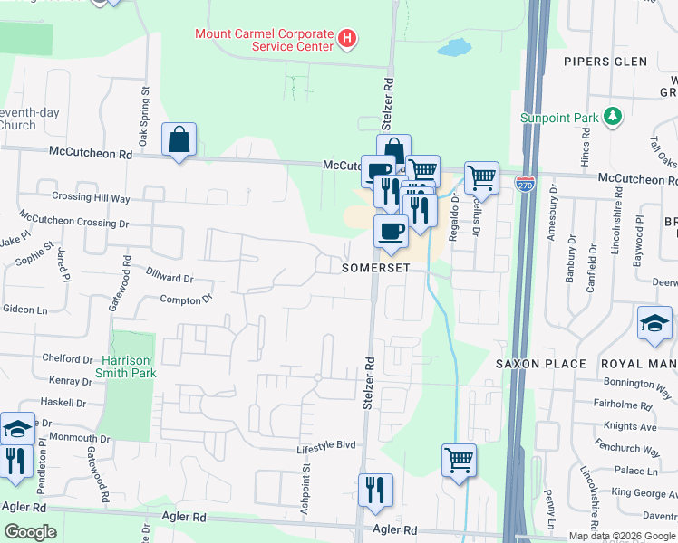 map of restaurants, bars, coffee shops, grocery stores, and more near 3694 Foraker Drive in Columbus