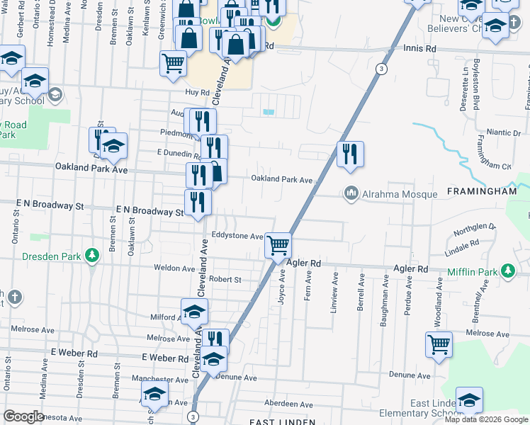 map of restaurants, bars, coffee shops, grocery stores, and more near 1951 East North Broadway in Columbus
