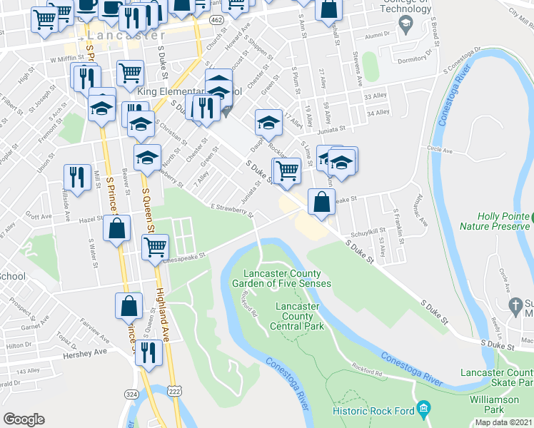map of restaurants, bars, coffee shops, grocery stores, and more near 55 Chesapeake Street in Lancaster