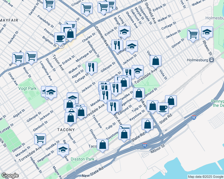 map of restaurants, bars, coffee shops, grocery stores, and more near 7134 Marsden Street in Philadelphia
