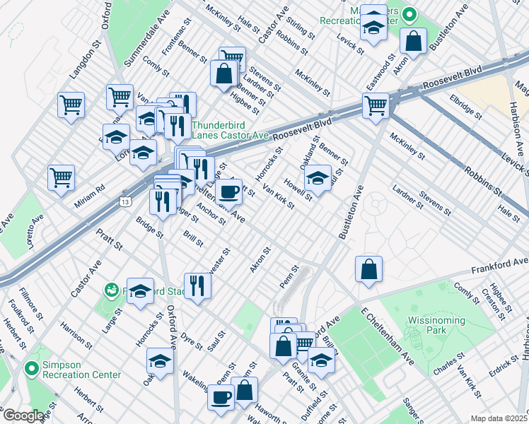 map of restaurants, bars, coffee shops, grocery stores, and more near 5843R Sylvester Street in Philadelphia