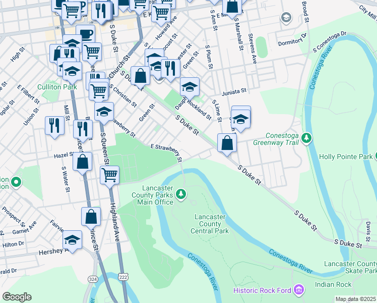 map of restaurants, bars, coffee shops, grocery stores, and more near 55 Chesapeake Street in Lancaster