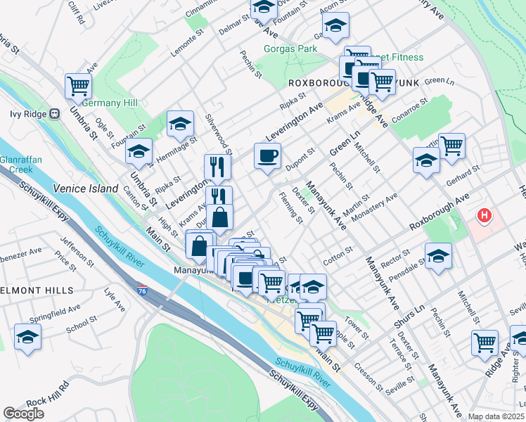 map of restaurants, bars, coffee shops, grocery stores, and more near 219 Green Lane in Philadelphia