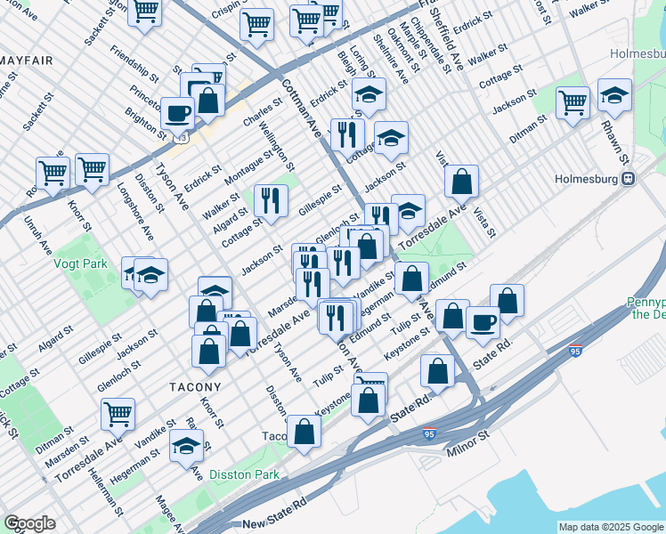 map of restaurants, bars, coffee shops, grocery stores, and more near 7136 Marsden Street in Philadelphia