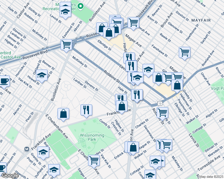 map of restaurants, bars, coffee shops, grocery stores, and more near 2850 Devereaux Avenue in Philadelphia