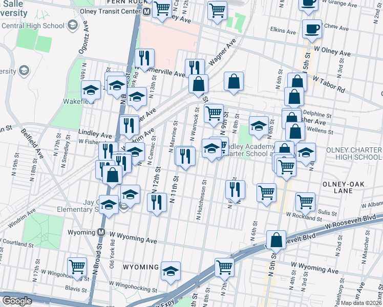 map of restaurants, bars, coffee shops, grocery stores, and more near 5015 North 11th Street in Philadelphia