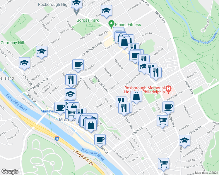 map of restaurants, bars, coffee shops, grocery stores, and more near 358 Martin Street in Philadelphia