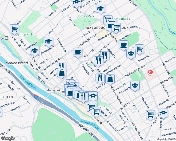 map of restaurants, bars, coffee shops, grocery stores, and more near 4437 Fleming Street in Philadelphia
