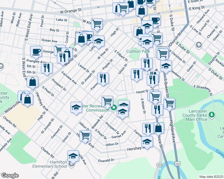 map of restaurants, bars, coffee shops, grocery stores, and more near 415 Laurel Street in Lancaster