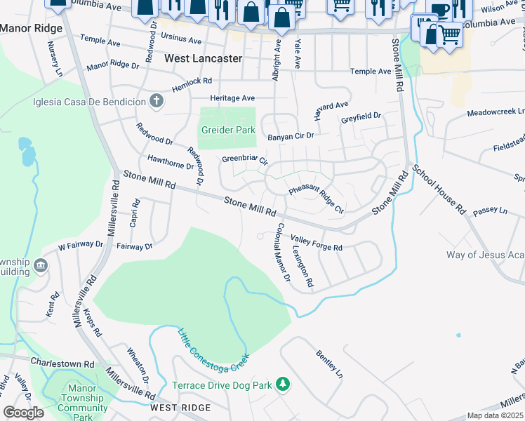 map of restaurants, bars, coffee shops, grocery stores, and more near 1837 Stone Mill Road in Lancaster