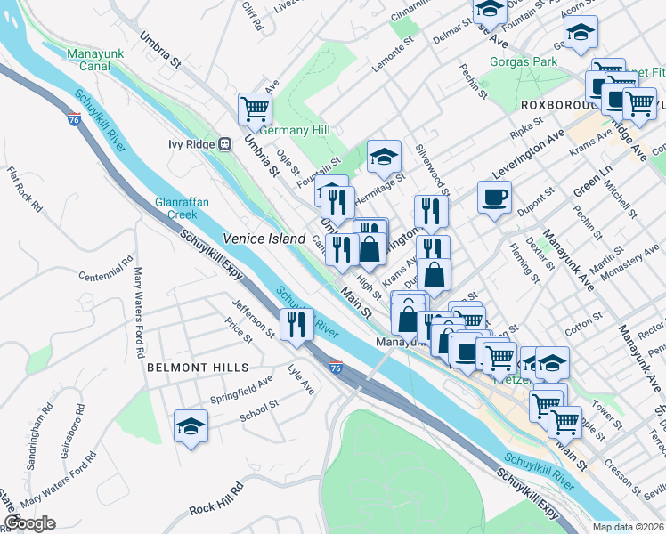 map of restaurants, bars, coffee shops, grocery stores, and more near 59R Leverington Avenue in Philadelphia