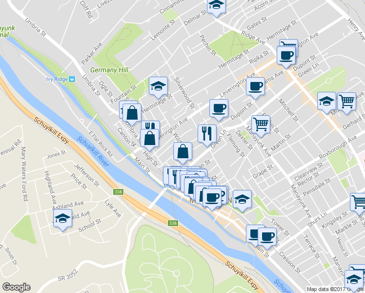 map of restaurants, bars, coffee shops, grocery stores, and more near 4542 Wilde Street in Philadelphia