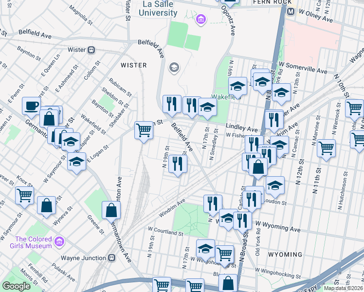 map of restaurants, bars, coffee shops, grocery stores, and more near 1734 Belfield Avenue in Philadelphia