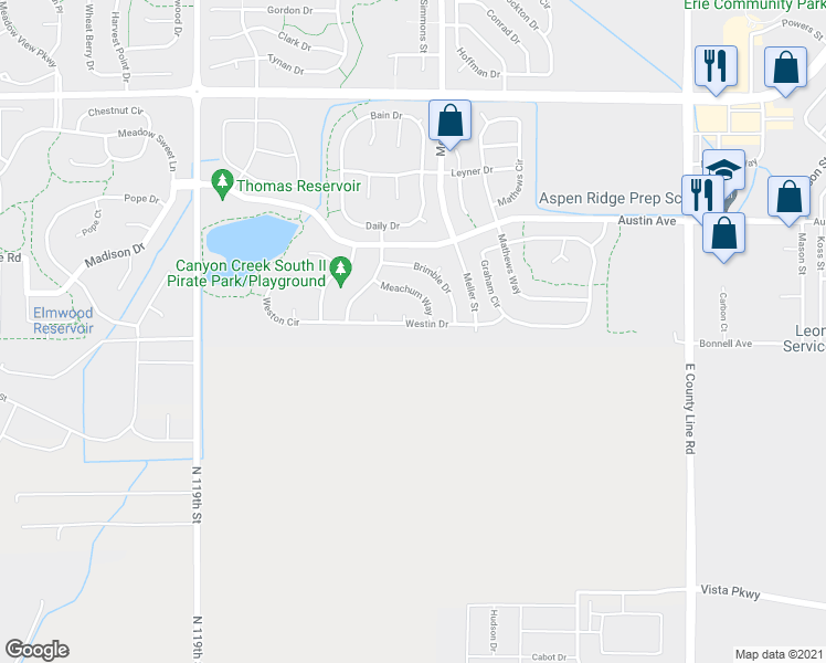 map of restaurants, bars, coffee shops, grocery stores, and more near 1562 Westin Drive in Erie
