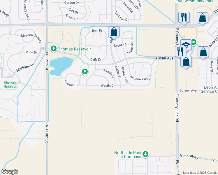 map of restaurants, bars, coffee shops, grocery stores, and more near 1562 Westin Drive in Erie