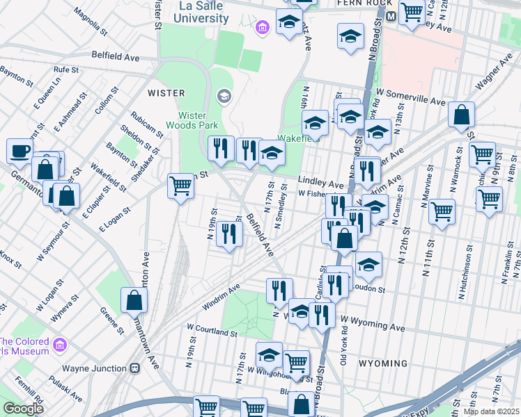 map of restaurants, bars, coffee shops, grocery stores, and more near 1710 West Ruscomb Street in Philadelphia