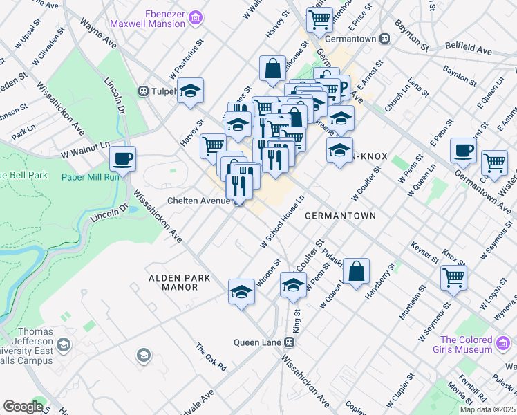 map of restaurants, bars, coffee shops, grocery stores, and more near 5535 Morris Street in Philadelphia