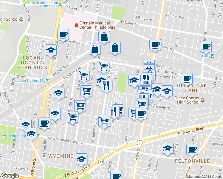 map of restaurants, bars, coffee shops, grocery stores, and more near 807 Lindley Avenue in Philadelphia