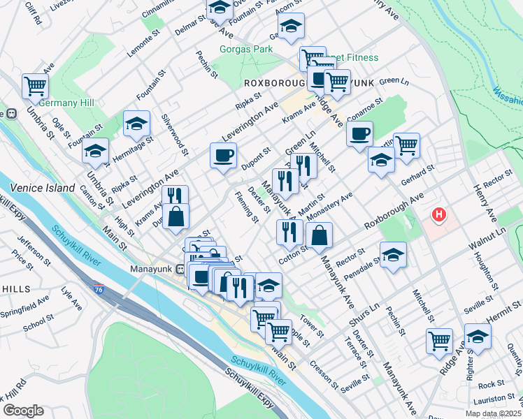 map of restaurants, bars, coffee shops, grocery stores, and more near 4410 Dexter Street in Philadelphia