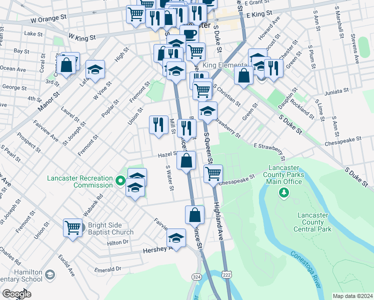 map of restaurants, bars, coffee shops, grocery stores, and more near 463 South Prince Street in Lancaster