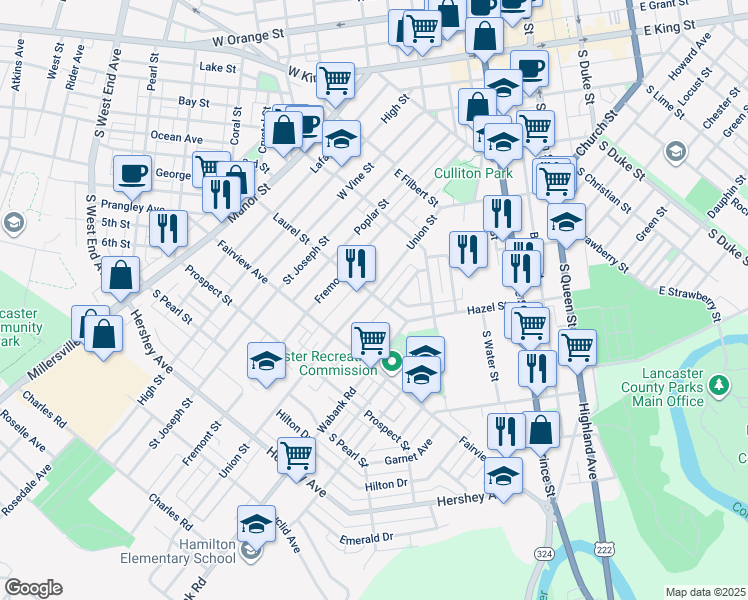 map of restaurants, bars, coffee shops, grocery stores, and more near 702 Union Street in Lancaster