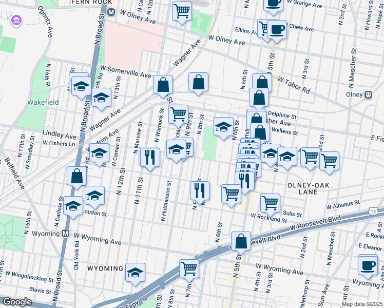 map of restaurants, bars, coffee shops, grocery stores, and more near 807 Lindley Avenue in Philadelphia