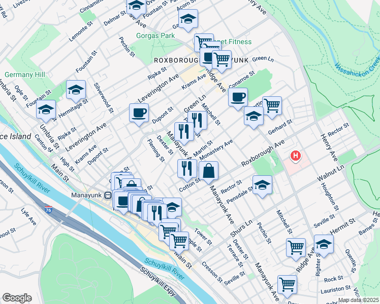 map of restaurants, bars, coffee shops, grocery stores, and more near 4375 Manayunk Avenue in Philadelphia