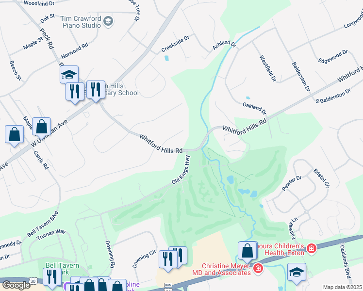 map of restaurants, bars, coffee shops, grocery stores, and more near 603 Whitford Hills Road in Exton