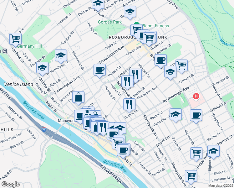 map of restaurants, bars, coffee shops, grocery stores, and more near 4410 Dexter Street in Philadelphia