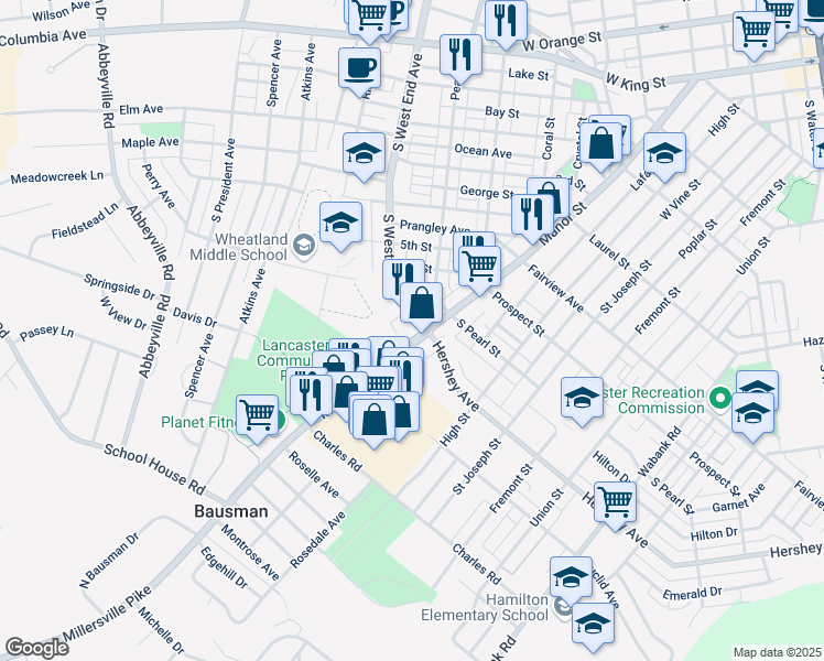 map of restaurants, bars, coffee shops, grocery stores, and more near 1101 Millersville Pike in Lancaster