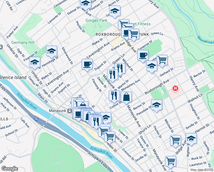 map of restaurants, bars, coffee shops, grocery stores, and more near 4403 Dexter Street in Philadelphia