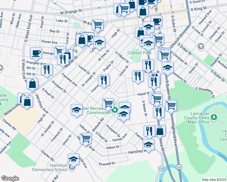 map of restaurants, bars, coffee shops, grocery stores, and more near 415 Laurel Street in Lancaster