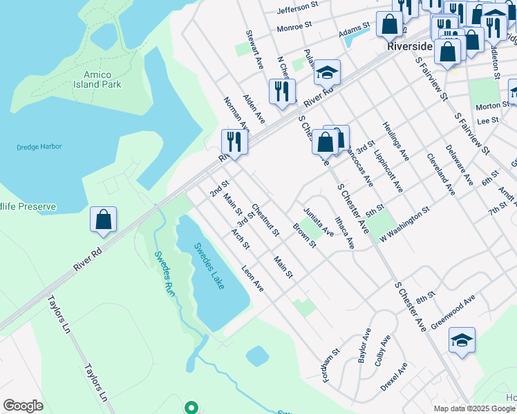 map of restaurants, bars, coffee shops, grocery stores, and more near 302 Chestnut Street in Delran