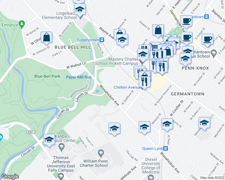map of restaurants, bars, coffee shops, grocery stores, and more near 654 West Rittenhouse Street in Philadelphia