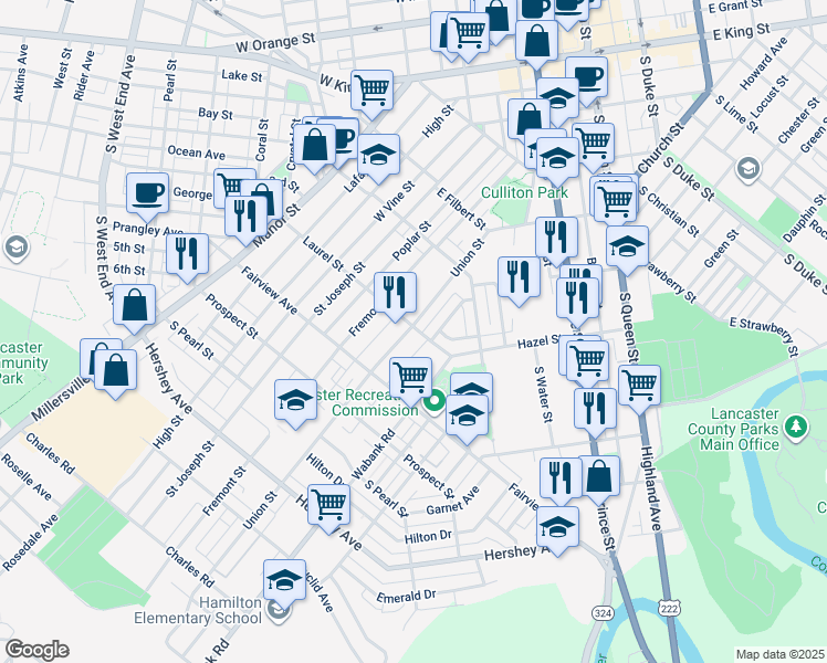 map of restaurants, bars, coffee shops, grocery stores, and more near 702 Union Street in Lancaster