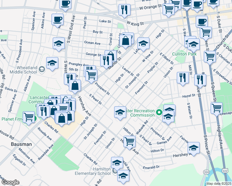 map of restaurants, bars, coffee shops, grocery stores, and more near 834 Saint Joseph Street in Lancaster