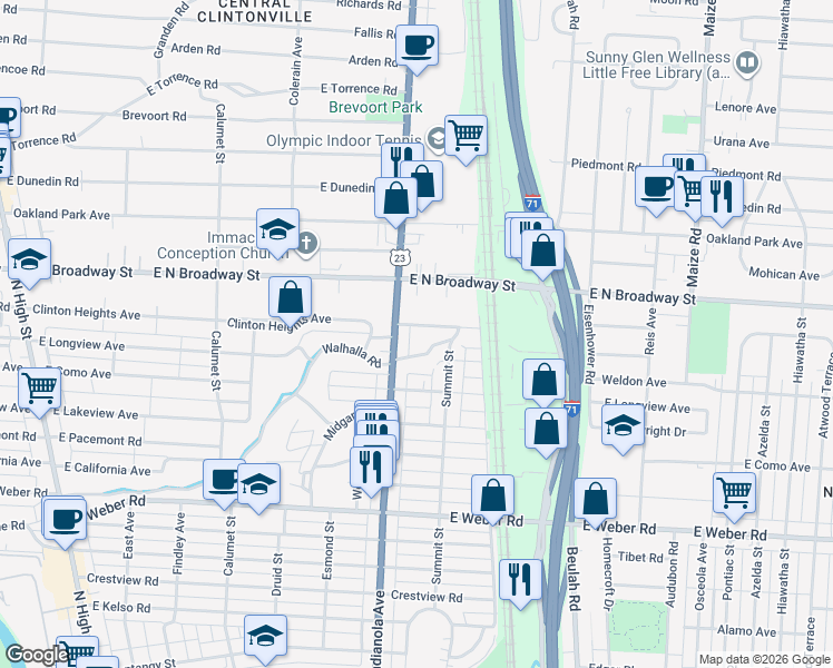 map of restaurants, bars, coffee shops, grocery stores, and more near 3200 Indianola Avenue in Columbus